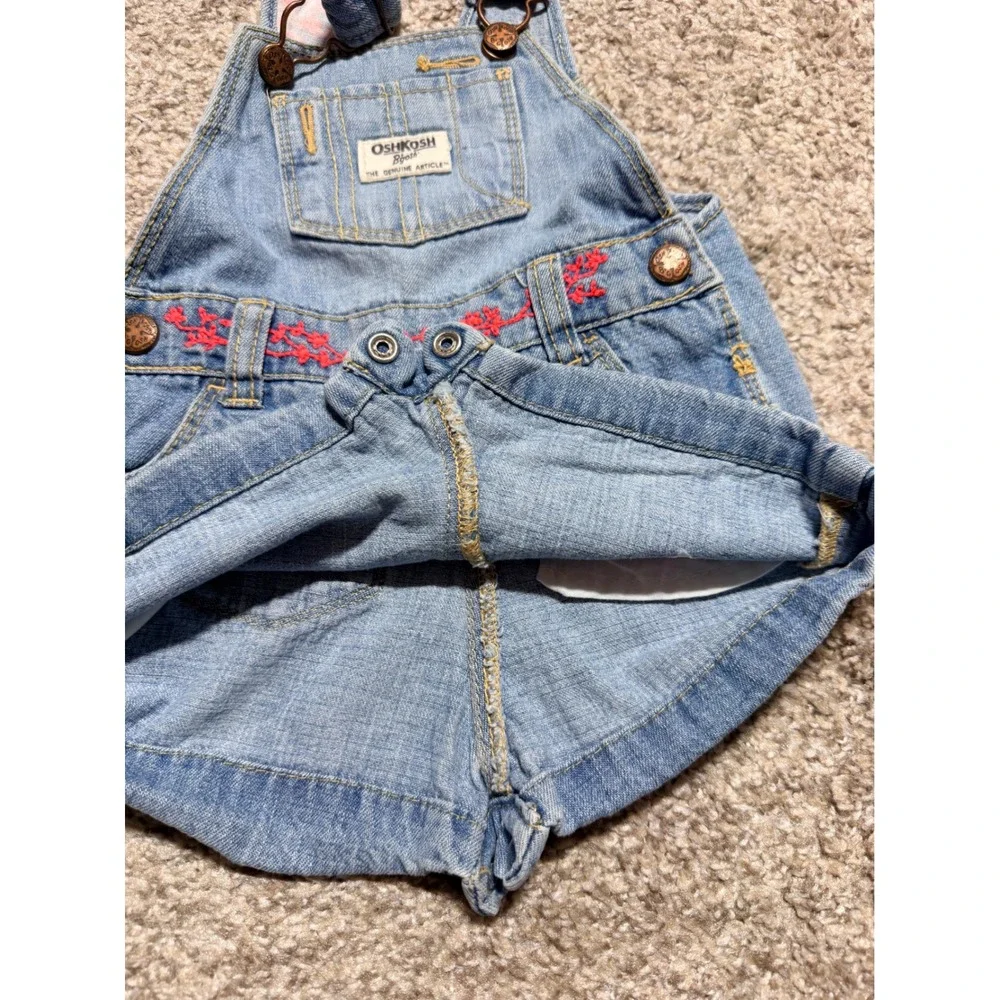 OshKosh B'gosh Shortall Girls 9M Blue Denim Floral Embroidered Baby Overalls